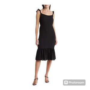 Velvet Torch Black Ruffle Strap Midi Dress Rayon Stretch Small USA